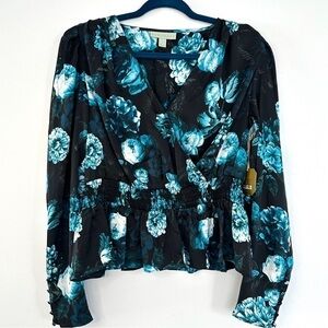 NEW Ryegrass Black/Blue Floral Smocked Waist Peplum Blouse Career Top Size Large